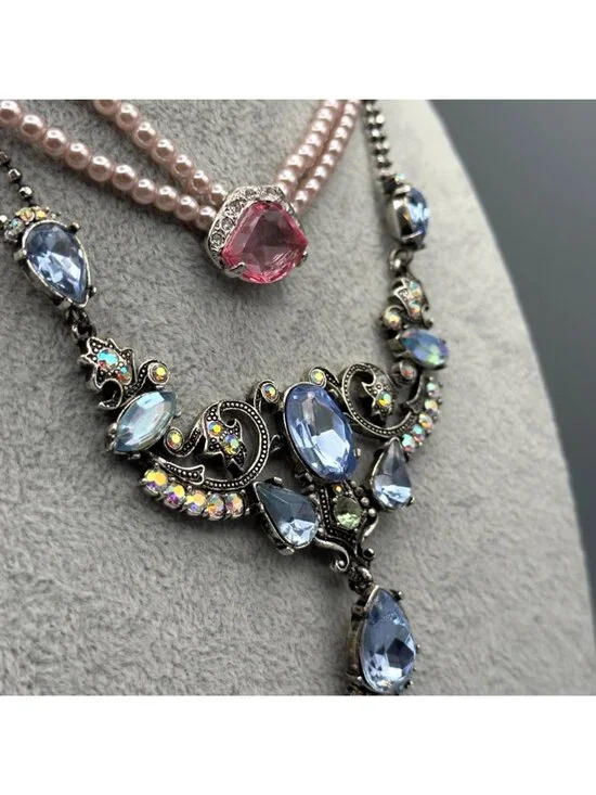 Set of 2 Avon Necklaces Blue Pink Rhinestone Faux Pearl Spring Pastel Nina Ricci - Picture 2 of 15